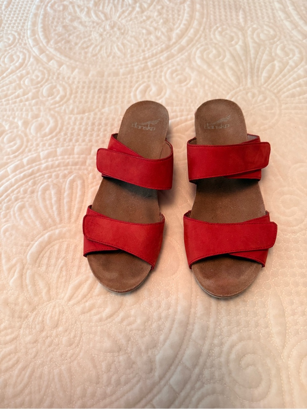 Women’s Red Leather Slide Sandals - Comfortable,- easy velcro straps